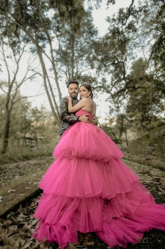G940, Hot Pink Ruffle Long Trail Ball Gown, Size (All Sizes