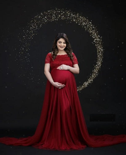 G1129, Wine Lace Top Maternity Shoot Trail Gown, Size (ALL)