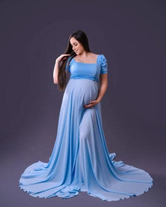G1130, Sky Blue Satin Maternity Shoot Trail Gown, Size (All)pp