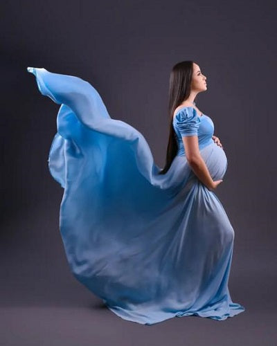 G1130, Sky Blue Satin Maternity Shoot Trail Gown, Size (All)pp