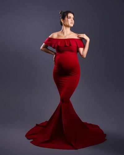 G342, Wine Off Shoulder Maternity Shoot Gown, Size(ALL)pp