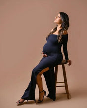 Load image into Gallery viewer, G343, Black full sleeves Slit Cut Maternity Shoot Trail Gown, Size (ALL)pp