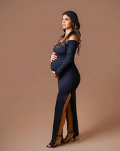 Load image into Gallery viewer, G343, Black full sleeves Slit Cut Maternity Shoot Trail Gown, Size (ALL)pp
