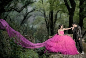 G940, Hot Pink Layered Front Short Long Trail Ball Gown,  Size - (All Sizes)