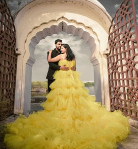 G640(2), Luxury Yellow Ruffle Long Trail Ball Gown,  Size - (All)