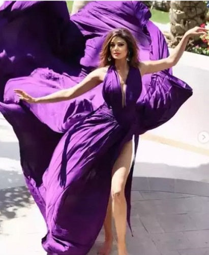 G906, Dark Purple Satin Slit Cut Long Trail Shoot Gown, Size (All)