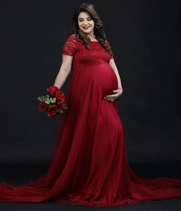 G1129, Wine Lace Top Maternity Shoot Trail Gown, Size (ALL)pp