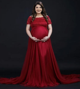 G1129, Wine Lace Top Maternity Shoot Trail Gown, Size (ALL)pp