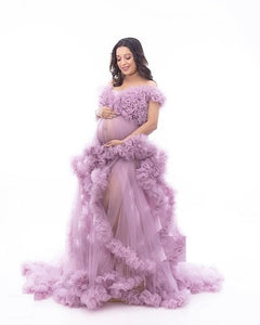 G1131, Lilac Ruffled Maternity Shoot Trail Gown With Inner , Size(All)pp