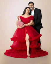 Load image into Gallery viewer, G968 (2), Wine Slit Cut Puffy  Frills mother daughter Trail Gown With Inner, (All Sizes)