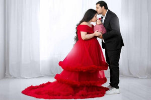 G968, Wine Slit Cut Puffy  Frills Maternity Trail Gown With Inner, (All Sizes)