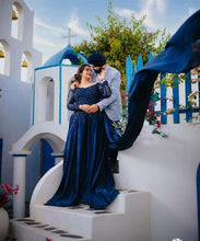 Load image into Gallery viewer, G329, Navy blue Satin Semi Off Shoulder Full Sleeves Prewedding Shoot Trail Ball Gown, Size (XS-30 to XXL-42)