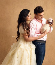 Load image into Gallery viewer, G2118, Cream Ruffled Slit Cut Maternity Shoot Trail Gown Size (All)