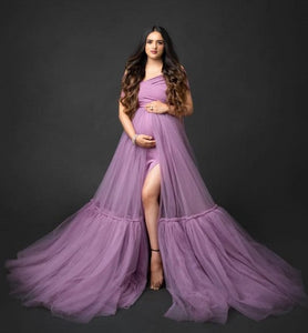 G2119 (2), Dusty Lavender Frilled Maternity Shoot Trail Gown, Size (All)