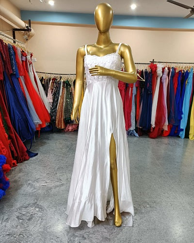 W633, White Slit Cut Evening Gown, (All Sizes)