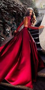 G678, Wine Satin Slit Cut Trail Gown, Size (All)pp
