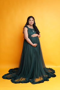 G822, Bottle Green Ruffled Maternity Shoot  Gown, Size (All)