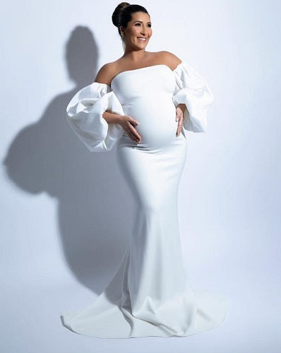 W233, White Ruffled Sleeves Maternity Shoot Trail Gown Size (All)pp