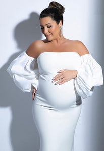 W233, White Ruffled Sleeves Maternity Shoot Trail Gown Size (All)pp