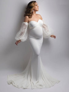 W234, White Ruffled Sleeves Maternity Shoot Trail Gown Size (All)pp