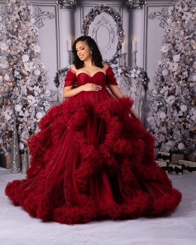 G2125, Wine Slit Cut Ruffled Maternity Shoot Trail Gown With Inner (All Size)pp