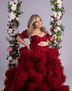 G2125, Wine Slit Cut Ruffled Maternity Shoot Trail Gown With Inner (All Size)pp