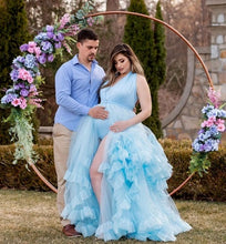 Load image into Gallery viewer, G2126, Ice Blue Slit Cut Frilled Maternity Shoot Trail Gown With Inner, Size (All)pp