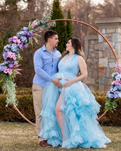Load image into Gallery viewer, G2126, Ice Blue Slit Cut Frilled Maternity Shoot Trail Gown With Inner, Size (All)