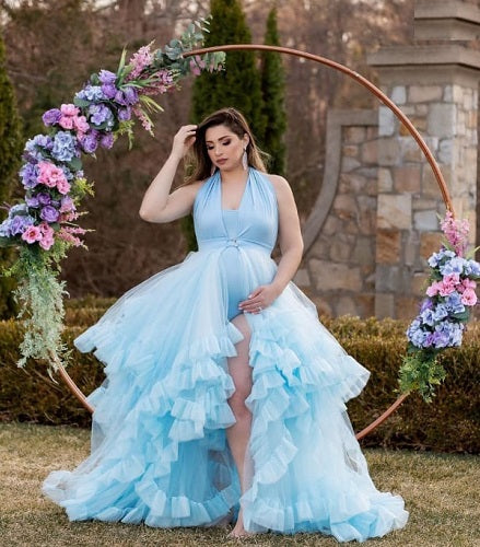 G2126, Ice Blue Slit Cut Frilled Maternity Shoot Trail Gown With Inner, Size (All)