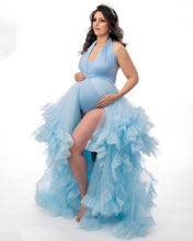 Load image into Gallery viewer, G2126, Ice Blue mother daughter Slit Cut Frilled Shoot Trail Gown With Inner, Size (All)