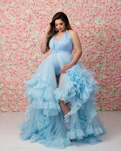 G2126, Ice Blue Slit Cut Frilled Maternity Shoot Trail Gown With Inner, Size (All)pp