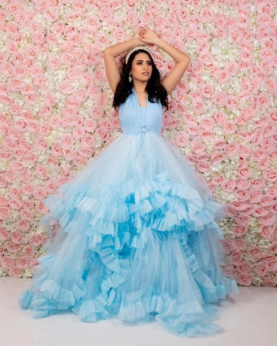 G2126, Ice Blue Frilled Shoot Gown Size (All) – Style Icon www.dressrent.in