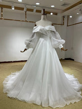 Load image into Gallery viewer, W158, White Satin Off-Shoulder Ruffle Sleeves Trail Shoot Gown, Size (ALL)pp