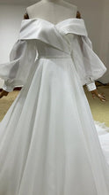 Load image into Gallery viewer, W158, White Satin Off-Shoulder Ruffle Sleeves Trail Shoot Gown, Size (ALL)pp