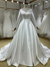 Load image into Gallery viewer, W153, White Satin Full Sleeves Wedding Trail Gown, Size (ALL)pp