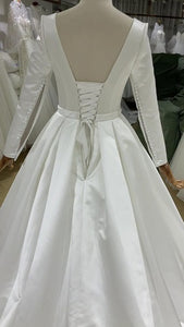 W153, White Satin Full Sleeves Wedding Trail Gown, Size (ALL)pp