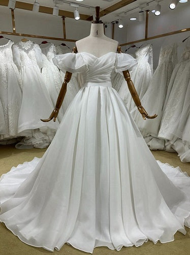 W160, White Satin Ruffle Sleeves Wedding Trail Gown, Size (ALL)pp