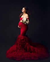 Load image into Gallery viewer, G3025, Red Wine Body Fit Ruffled Maternity Shoot Long Trail Gown, (All Sizes)pp