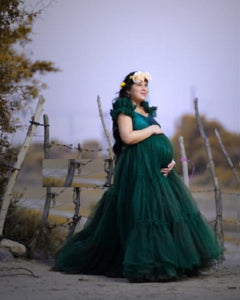 G2049, Bottle Green Ruffled Maternity Shoot Trail Gown (ALL)