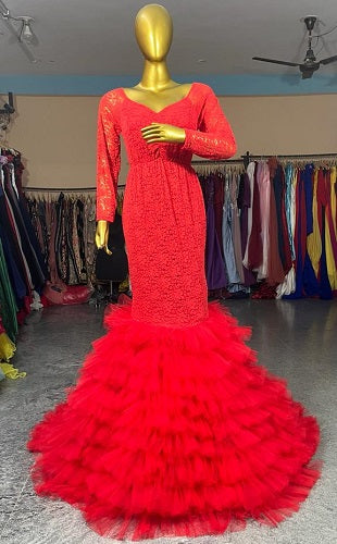 G2035, Red Body Fit Ruffled Maternity Shoot Long Trail Gown, (All Sizes)pp