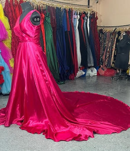 G450, Hot Pink Satin Slit Cut Shoot Trail Gown (All Size)pp
