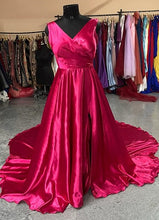 Load image into Gallery viewer, G450, Hot Pink Satin Slit Cut Shoot Trail Gown (All Size)pp