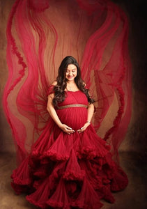 G6482, Dark Magenta Puffy Maternity Shoot Trail Gown Size, (SIZE ALL)