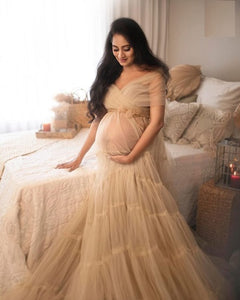 G1030, Beige Frilled Maternity Shoot Trail Gown, Size (ALL)pp