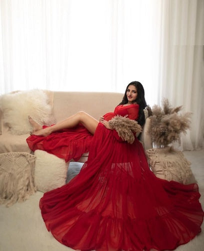 G1031, Red Full Sleeves  Maternity Shoot Trail Gown, Size (All)pp
