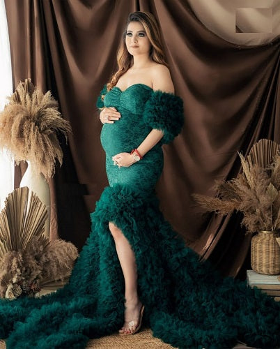 G1035, Bottle Green  Long Trail Body Fit Gown (All Sizes)