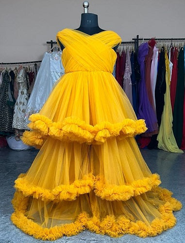 G168, Mustard Ruffled Slit Cut Shoot Trail Gown (Size All)pp