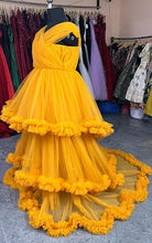 Load image into Gallery viewer, G168, Mustard Ruffled Slit Cut Shoot Trail Gown (Size All)pp