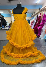 Load image into Gallery viewer, G168, Mustard Ruffled Slit Cut Shoot Trail Gown (Size All)pp