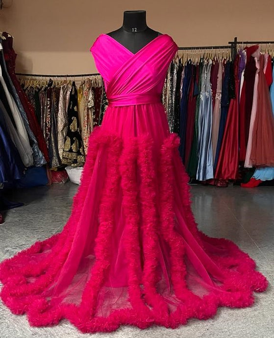 G1034, Dark Magenta Ruffled Shoot Trail Gown, Size (All)pp